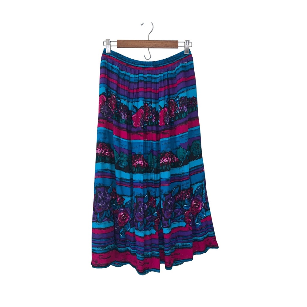 Vintage Koret Women Medium Blue Pink Floral Striped Rayon Maxi Skirt Made in USA